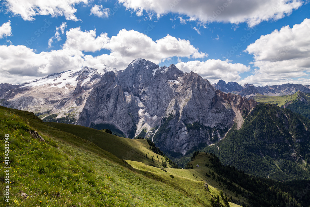 View of the Marmolada, also known as the Queen of the Dolomites. Marmolada is the highest mountain of the Dolomites, situated in northeast of Italy.