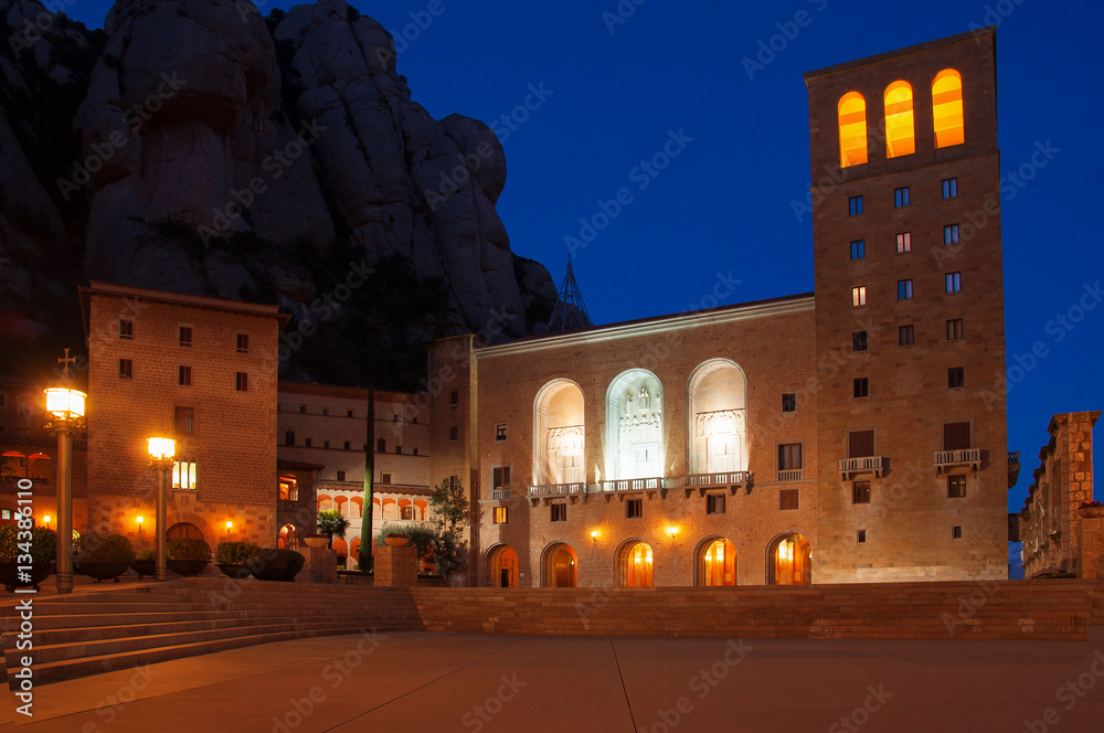 Spain. Montserrat Monastery. Night view of Santa Maria de Montserrat Abbey