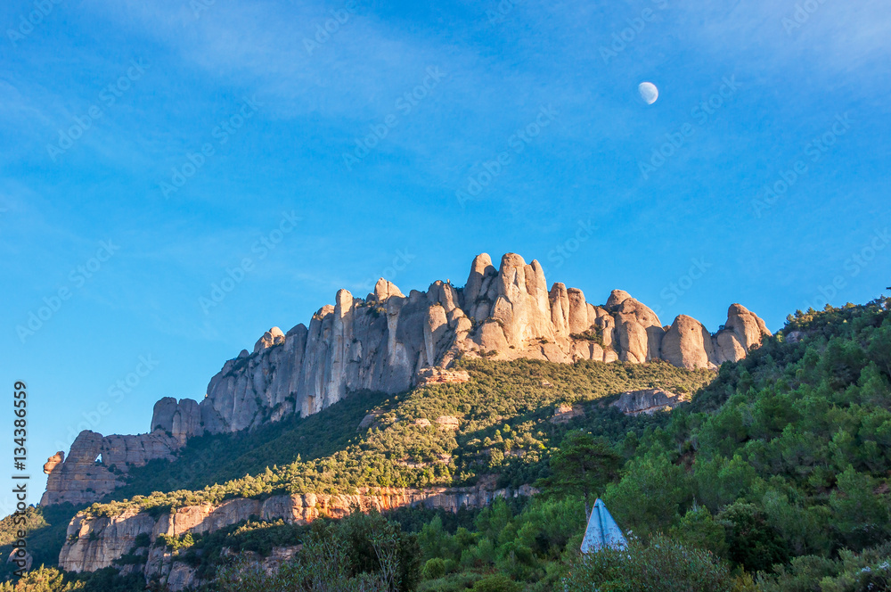 Spain. Barcelona.  Beautiful evening view of the mountains of Montserrat. Multi-peaked rocky range