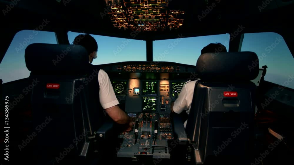 Modern passenger aircraft Airbus A319 A320 A321 during flight in clear sky without clouds. Cabin crew in work