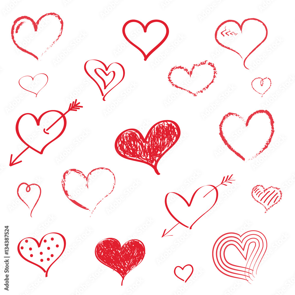 Set of hand drawn hearts. Vector.