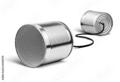 Tin cans telephone isolated on white, global communication conce photo