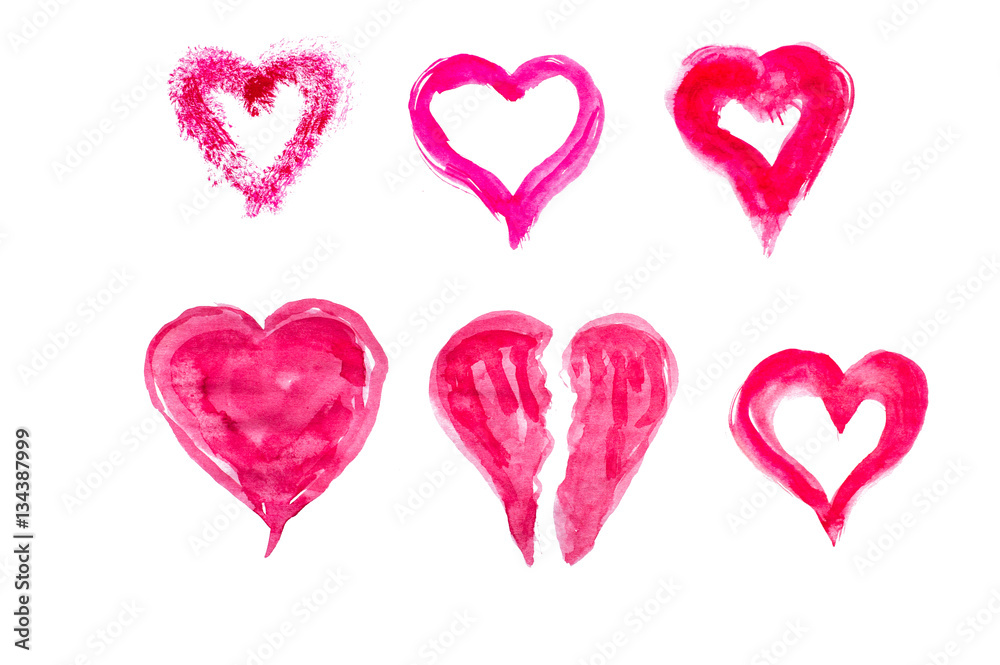 Set of hand drawn watercolor hearts