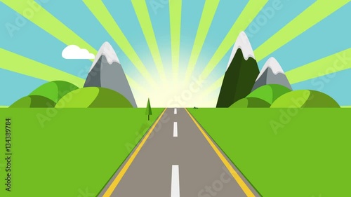 ride through a cartoon highway seamless loop. Animated road on a sunny day with space for your object, text or logo Seamlessly loop. Colorful cartoon nature background.