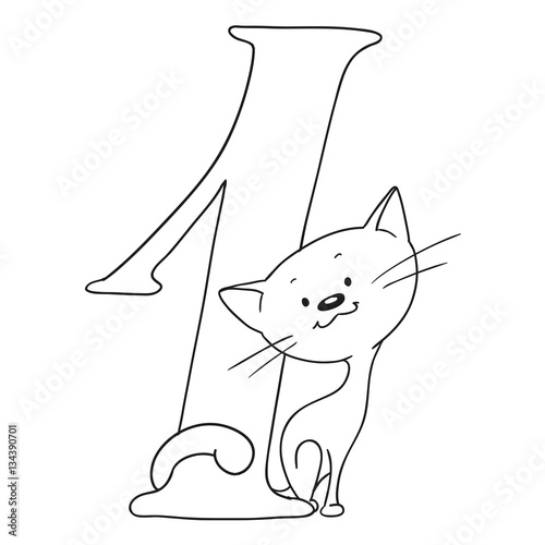 Number one. Cartoon animals and signs. Numeral and kitten. Vector coloring book.