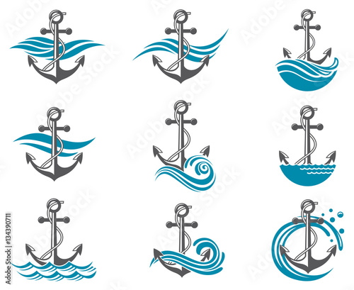 collection of anchor symbol with sea waves