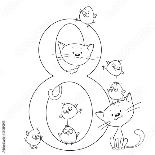 Number eight. Cute cartoon animals. Numbers and animals. Chicken and kitten. Funny figurines to paint.
