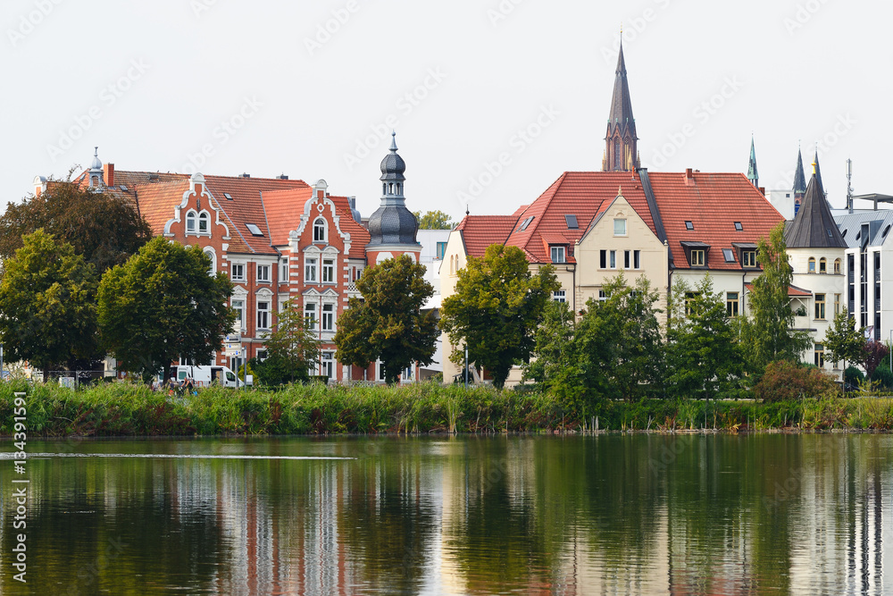 Fototapeta premium Sityscape of Schwerin on the lake shore, Germany