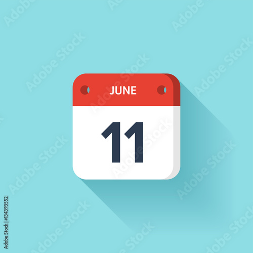 June 11. Isometric Calendar Icon With Shadow.Vector Illustration,Flat Style.Month and Date.Sunday,Monday,Tuesday,Wednesday,Thursday,Friday,Saturday.Week,Weekend,Red Letter Day. Holidays 2017.