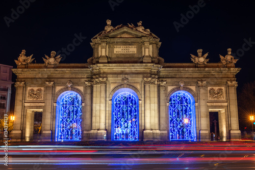 Illuminated Puerta de Alcalá in Christmas in Madrid