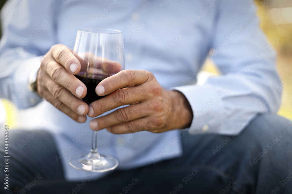 Mid section of man holding a glass of red wine Mid section of man holding a glass of red wine