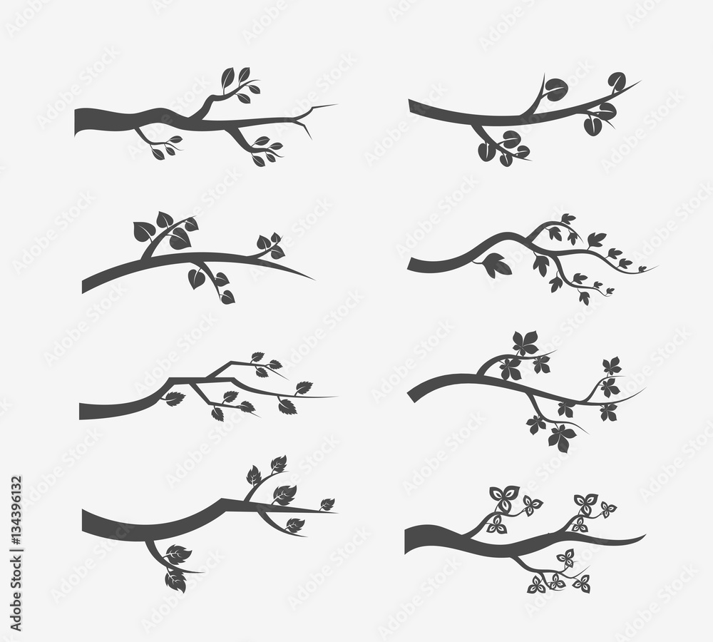 Vector tree branches silhouette with leaves
