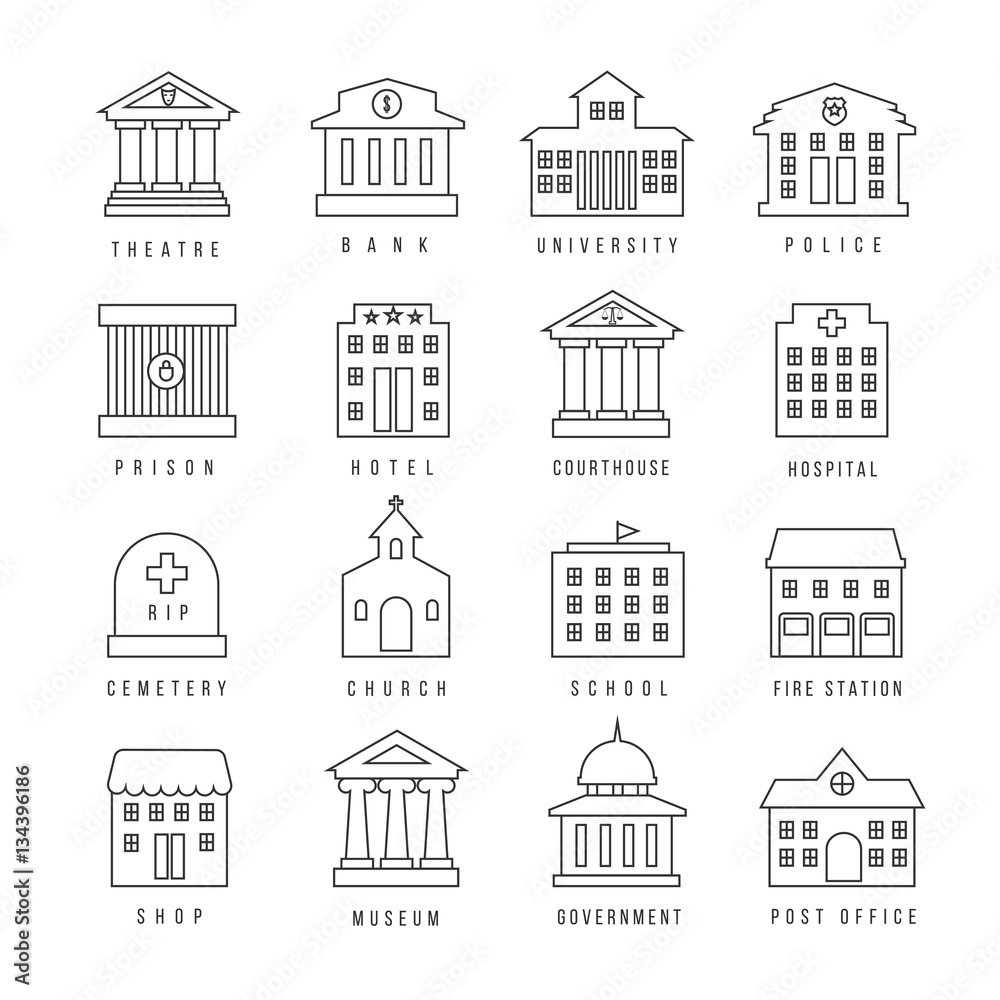 Government buildings lined signs. Firehouse and courthouse, library city bank outline icons