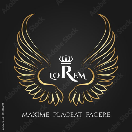 Gold bird wings vector logo. Golden angel winged business label