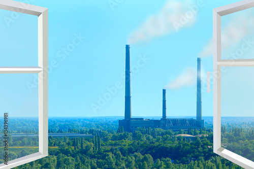 Φωτογραφία window overlooking the landscape with nature and pollution of environment
