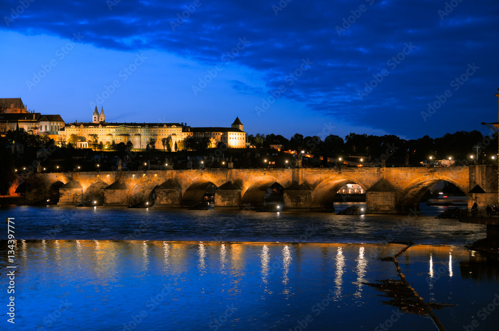 Evening view of Charles Bridge from Novotneho Lavka, Prague