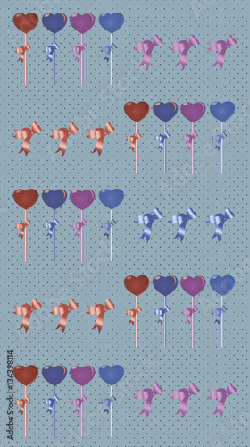 Colorful lollipops hearts abstract background Vector. Cute hand drawn style r...