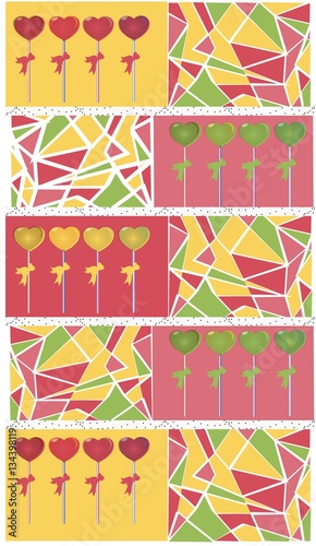 Colorful lollipops hearts abstract background Vector. Cute hand drawn style r...