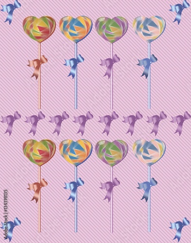 Colorful lollipops hearts abstract background Vector. Cute hand drawn style r...
