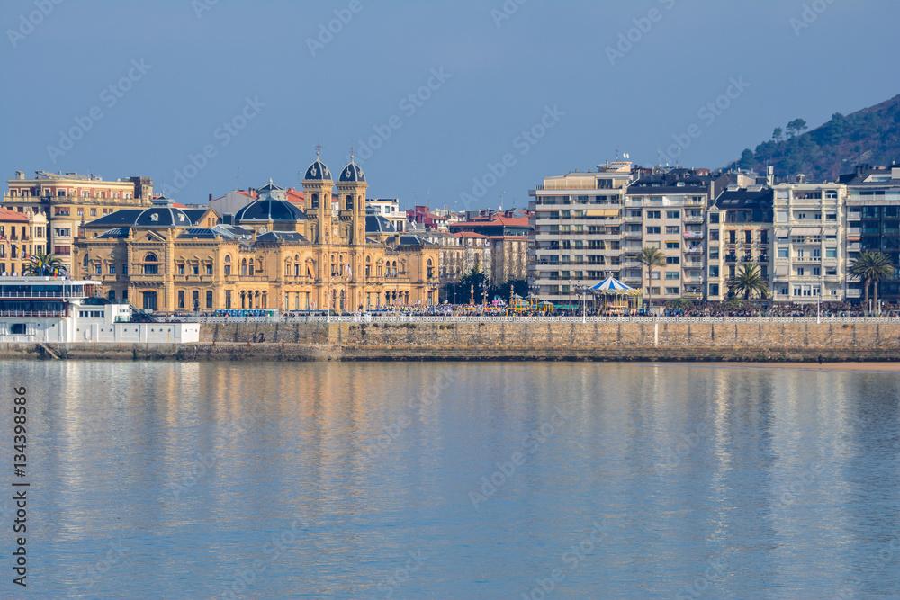 Bay of San Sebastian with City Hall as background, Spain.