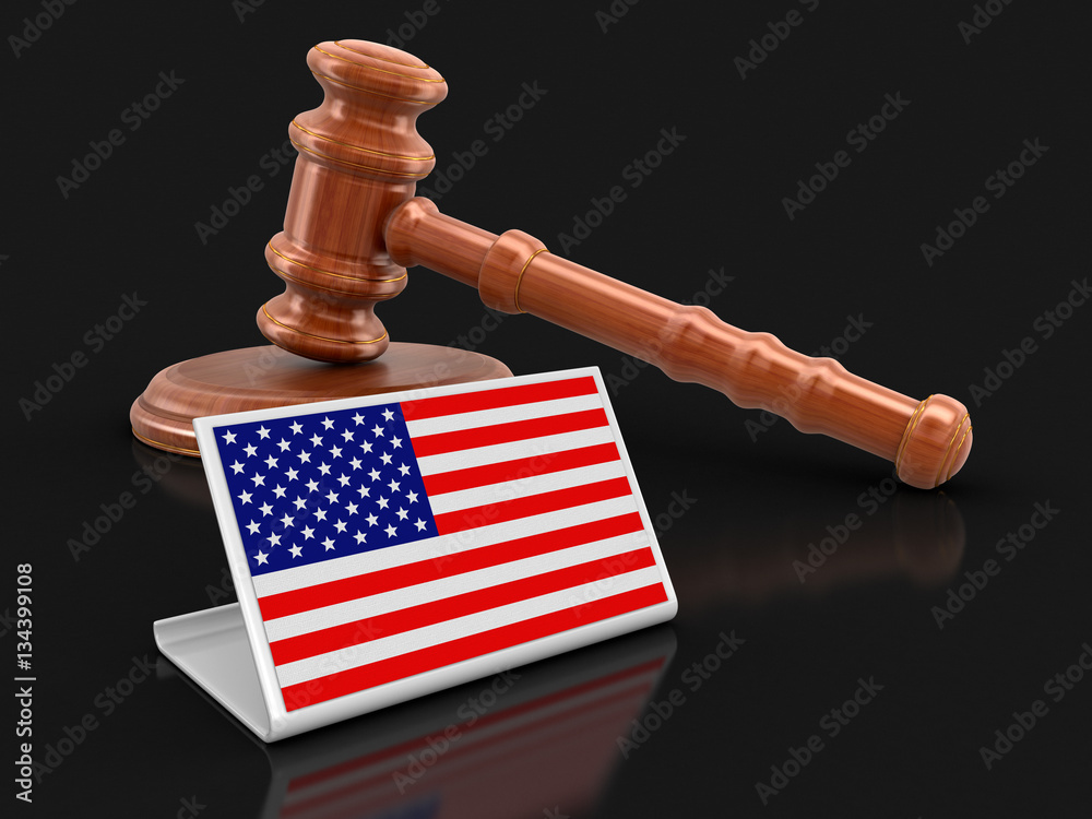 3d wooden mallet and US flag. Image with clipping path
