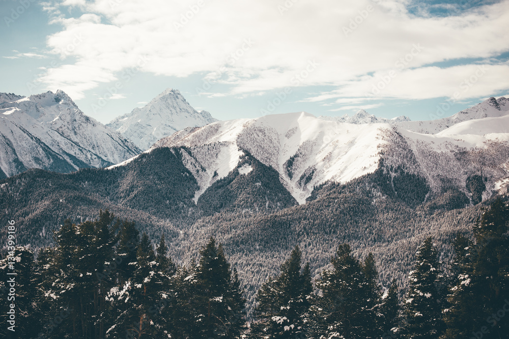 Fototapeta premium Winter mountains panorama with ski slopes. Caucasus.