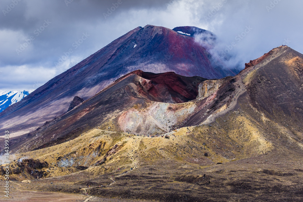 Volcanic landscape with Red crater and Mt Ngauruhoe, Tongariro, NZ
