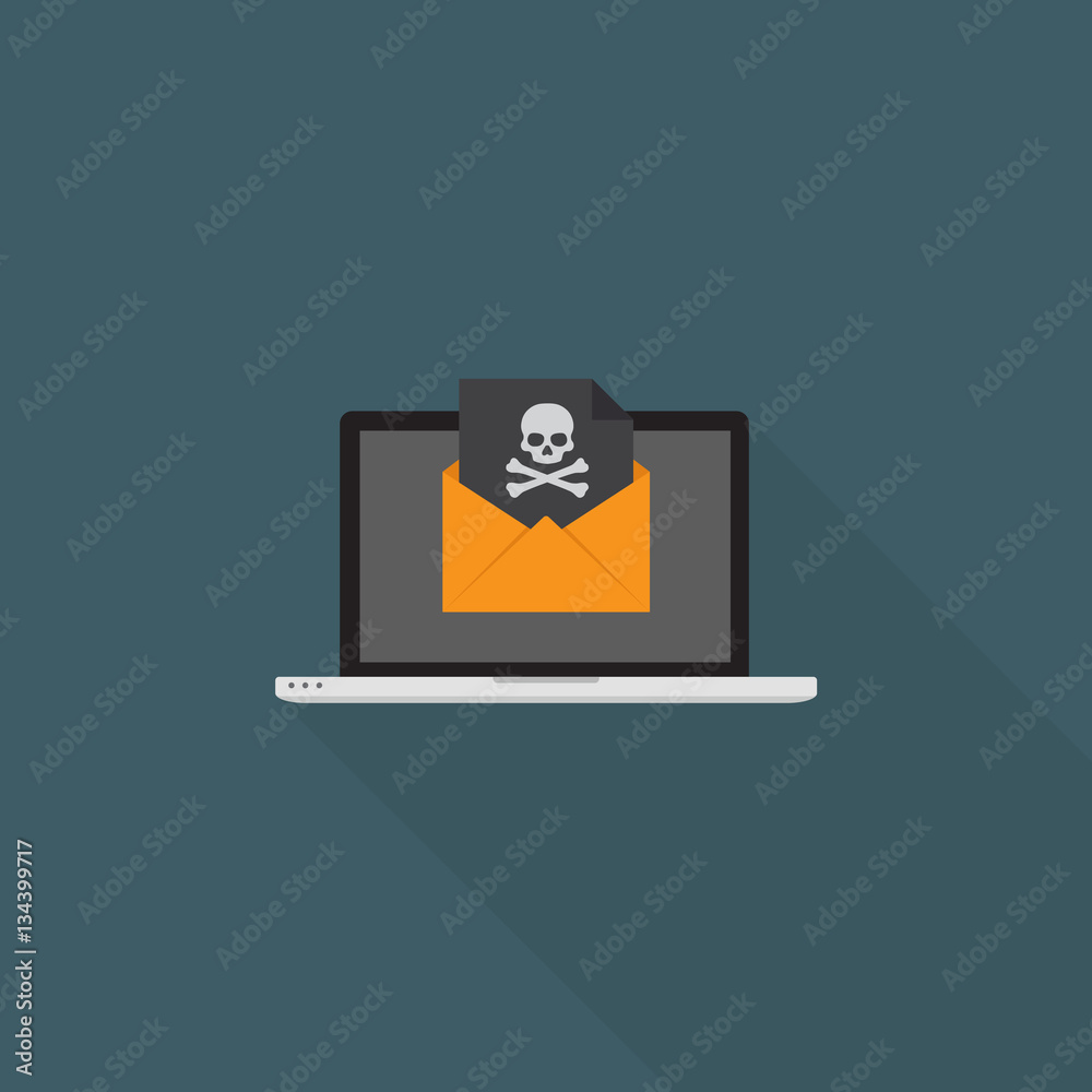 Online Blackmail Concept, Laptop With Skull Sign On Black Document Over Yellow Envelope Online Blackmail Concept, Laptop With Skull Sign On Black Document Over Yellow Envelope