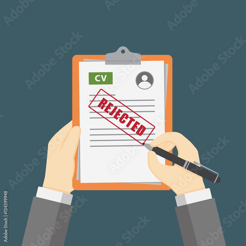Curriculum Vitae Review Illustration, Hand Holding CV profile on Clipboard with Rejected Sign
