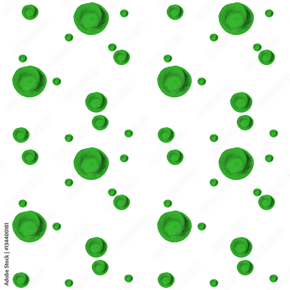 The abstract pattern of green colorful watercolor circles different sizes. Simple round geometric shapes randomly scattered
