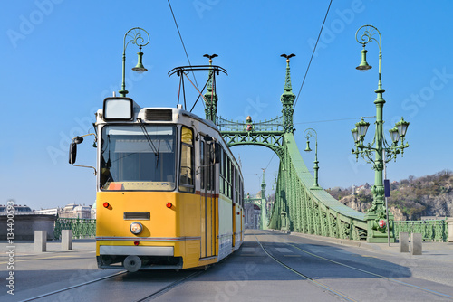 Historic tram on Freedom Bridge in Budapest