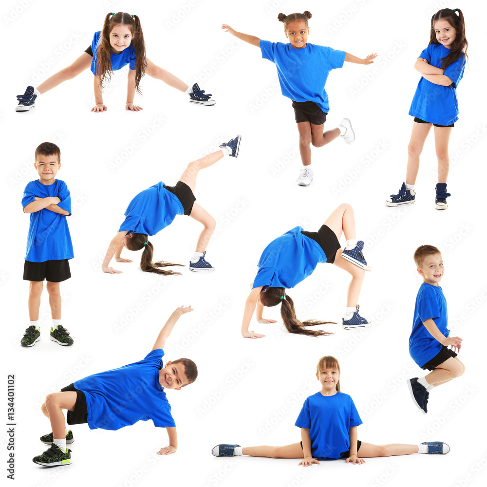 Collage of cute children dancing on white background