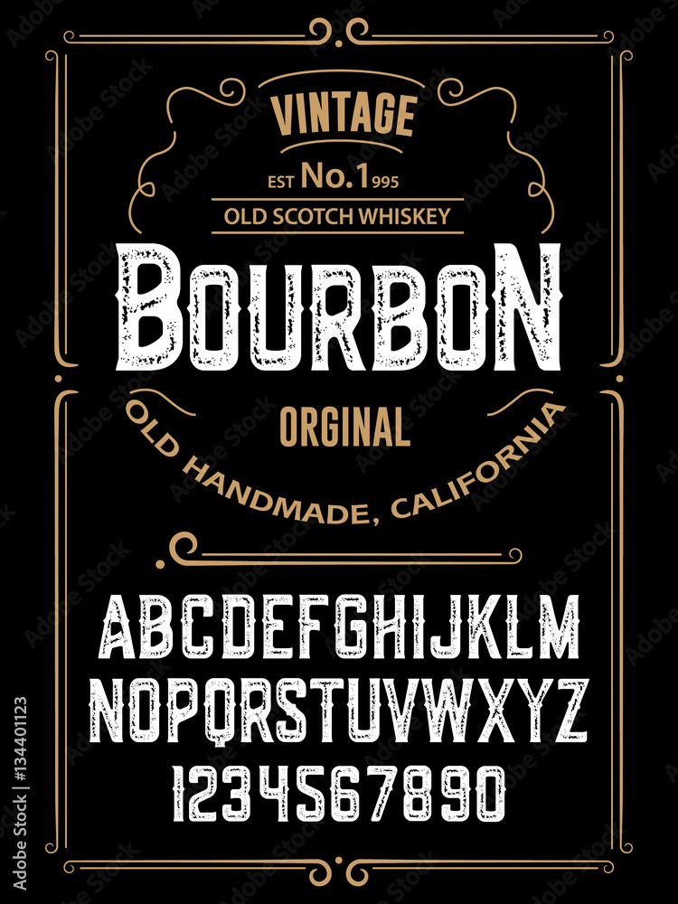Bourbon typeface, labels and different type designs
