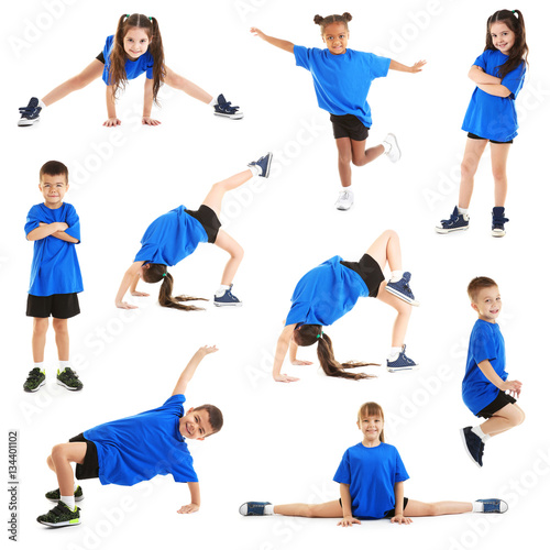 Collage of cute children dancing on white background
