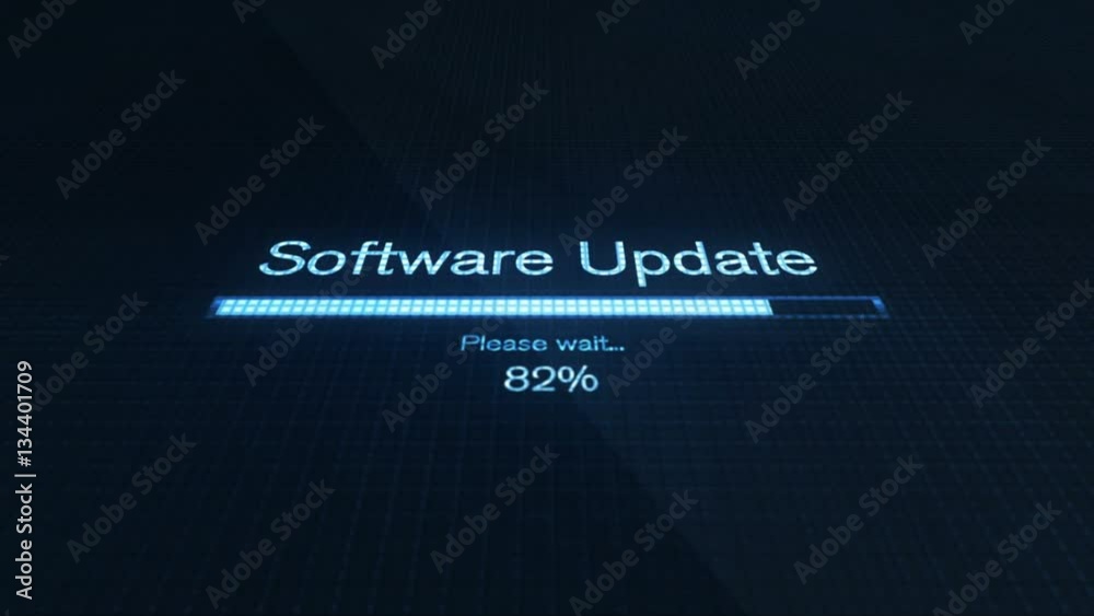 Software update on computer screen with futuristic blue progress bar