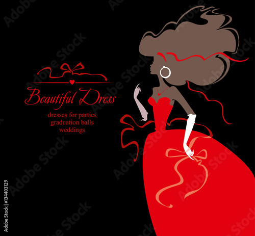 Beautiful red dress. Vector illustration of a young woman in a magnificent dress with ribbons.