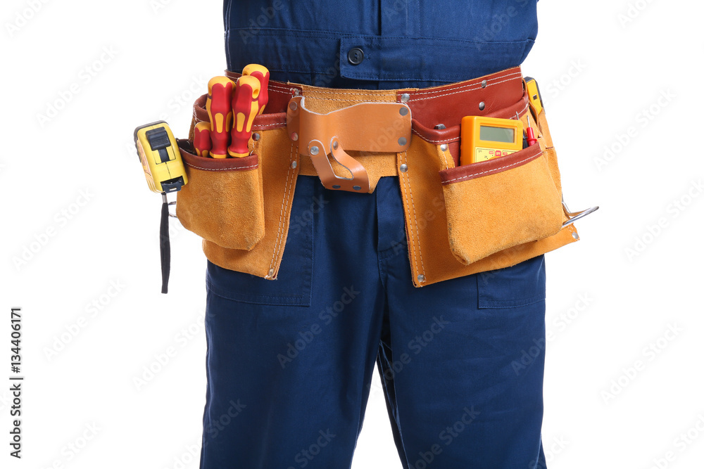Electrician with special tools on white background, closeup Electrician with special tools on white background, closeup