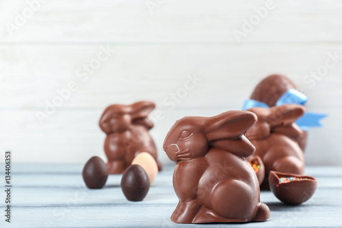 Chocolate Easter bunnies on light background