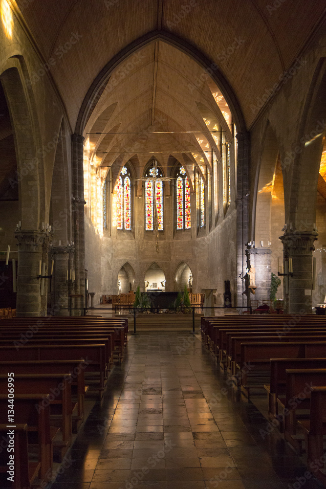 Valenciennes, France, 2017/01/06. The interior of the gothic church of Saint Gery (Gaugericus) with pointed arches.