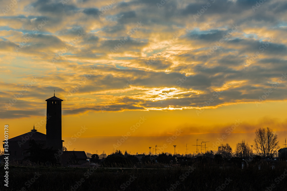 winter dawn on bell tower