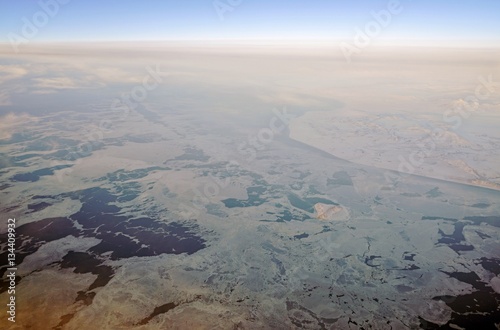 Aerial view of the Bering Strait on the western edge of Alaska near Nome facing Russia