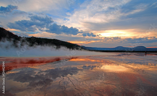 Grand Prismatic Spring at sunset in the Midway Geyser Basin in Yellowstone National Park in Wyoming USA