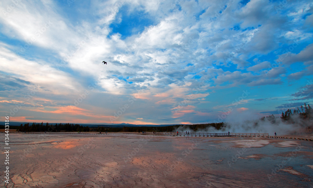 Grand Prismatic Spring at sunset in the Midway Geyser Basin in Yellowstone National Park in Wyoming USA