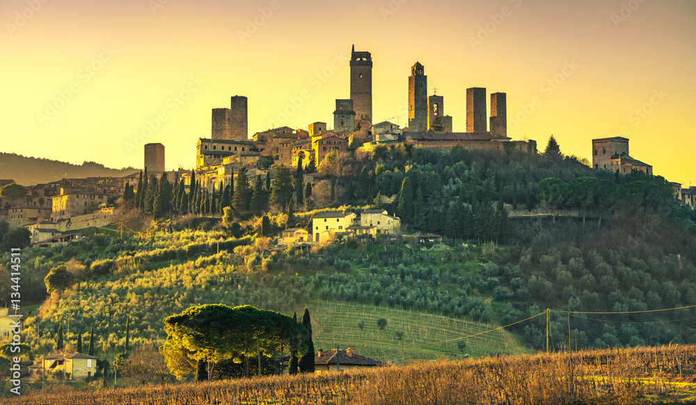 San Gimignano medieval town towers skyline. Tuscany, Italy
