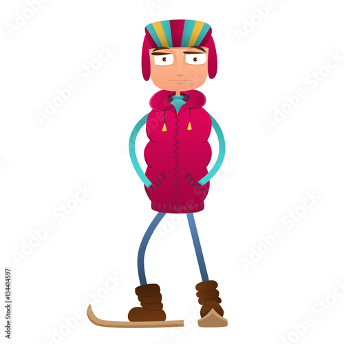 Cute boy in winter clothes on skis. Young skier.