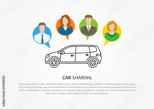 Car sharing vector illustration. Car to share graphic design. Transport renting service creative concept. Group of people with shared car and sample text.
