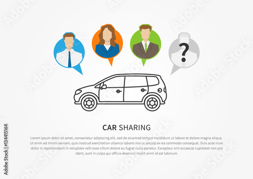 Car sharing vector illustration. Car to share graphic design. Transport renting service creative concept. Colorful and grey silhouettes of people with shared car and sample text.

