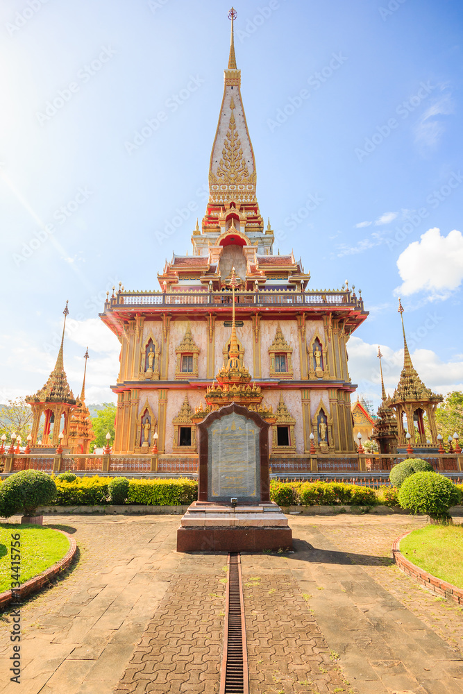 Beautiful pagoda at Wat Chalong or Wat Chaitararam Temple famous attractions and place of worship in Phuket Province, Thailand