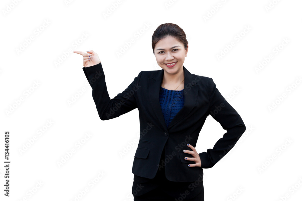 Asian business woman point up Asian business woman point up