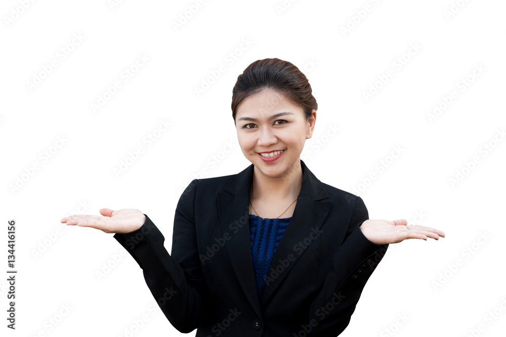 Asian business woman showing something on hand palm Asian business woman showing something on hand palm